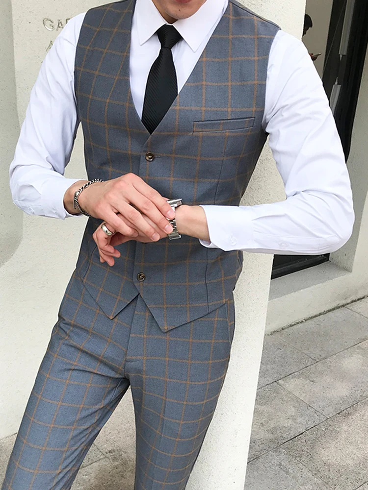 Men\'s Plaid Vest Pants 2pcs Business Professional Youth Office Worker Formal Wear Wedding Banquet Gentleman Suit Dress Waistcoat