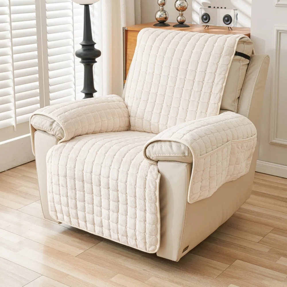 Elastic Band 1 Seat Recliner Sofa Cover Wear Resistant with Armrests Pockets Single-seat Slipcover Warm Non-Slip Chair Cover