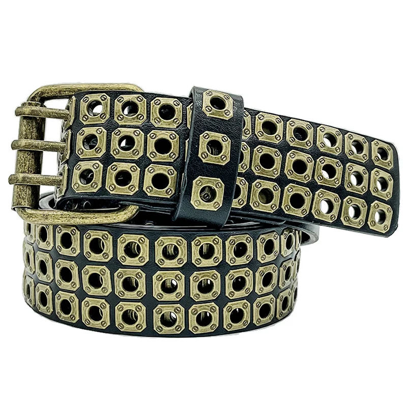 men's casual party nightclub soft leather studded belts brand designer three buckle belt stylish waistband black white strapon