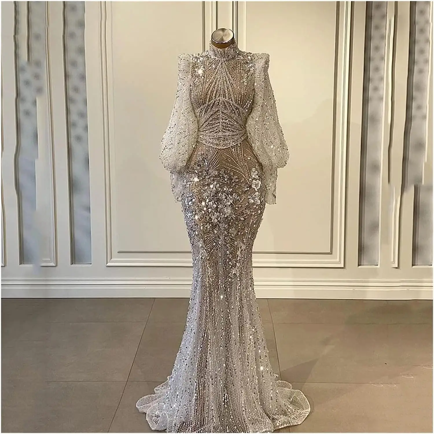 Romantic Silver Mermaid Luxury Evening Dresses 2023 Lantern Full Sleeves Beaded Elegant Gowns 2023 For Women Party