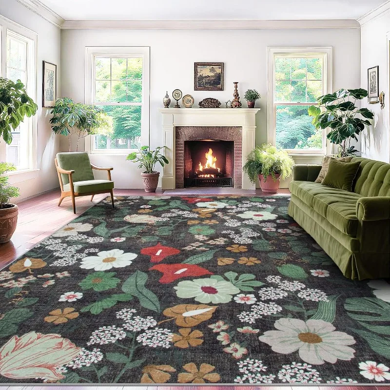 

Retro Floral Print Living Room Carpet Luxury Nordic Style Bedroom Soft Bedside Rug Machine Washable Non-slip Coffee Table Mat 러그