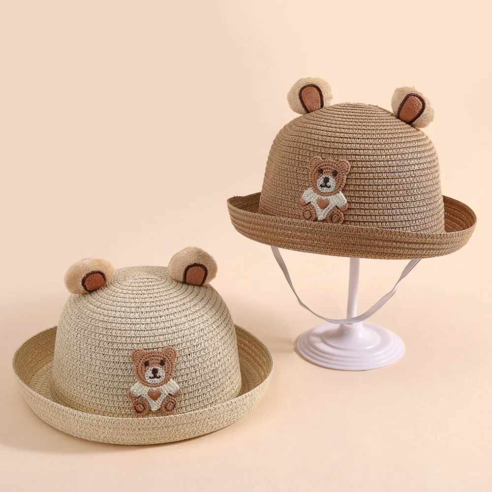 

Boys And Girls Fisherman Hats Children's Summer Cute Bear Outdoor Sun protection Straw Caps Kid's Headdress