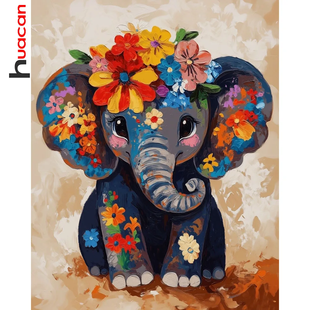 Huacan 5D-Diamantgemälde zum Selbermachen, Elefant, Blumenkranz, Stickerei, Kunst, voll, quadratisch, rund, Neuheiten 2025,