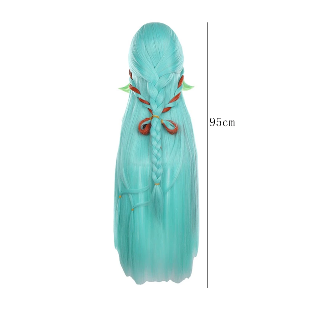 Aqua Green Long-Length Wig with Structural Side Accents Dual Braids Detachable Cord Ends Heat Resistant