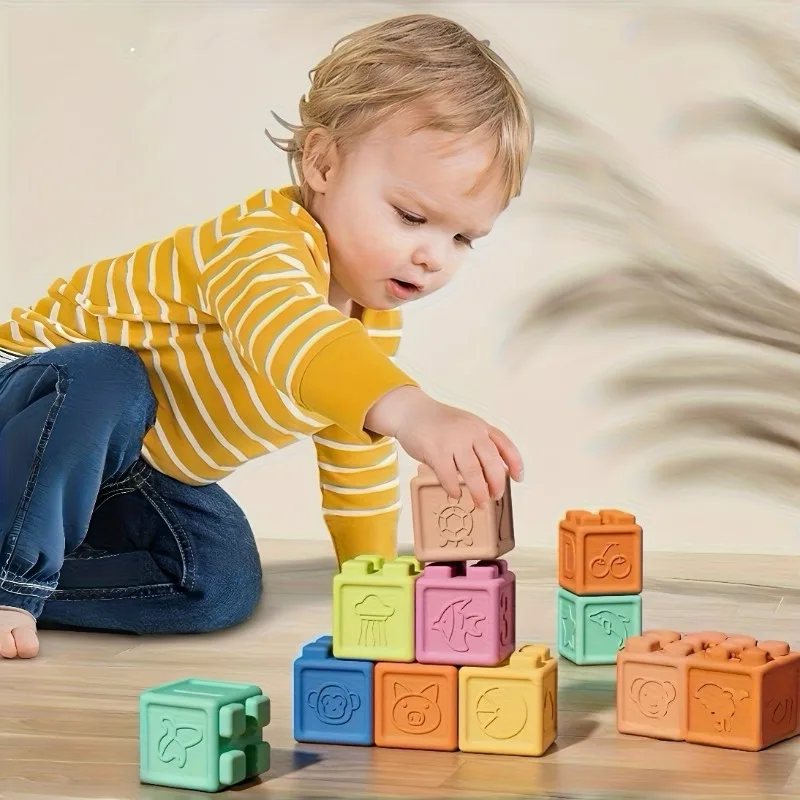 Zachte rubberen bouwstenen Puzzelspeelgoed voor vroeg onderwijs, siliconen kauwbare handgrijpstapel en constructie, voor baby's van 0-3 jaar