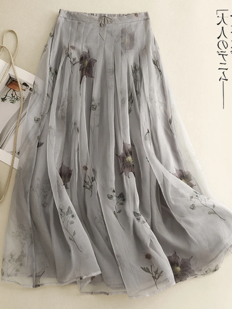 

Юбка миди с ретро-принтом, двухслойная, на эластичной талии, А-силуэт, скрывающая бедра, больших размеров, женская, повседневная, из смесового хлопка