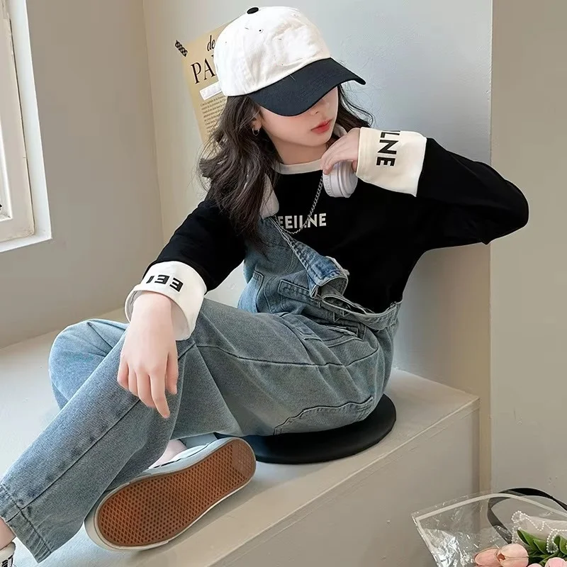 Spring Kids Overalls Slim Trousers Girls Suspender Bib Denim Pants Teenage Jeans Jumpsuit Clothes Children Clothing 5-14Years