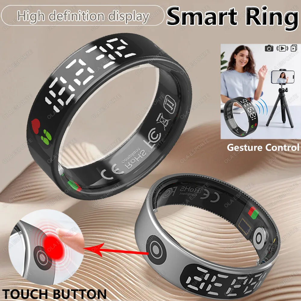 

Smart Ring Men Women LED Display Screen Heart Rate Blood Oxygen Monitor Multi Sport Modes IP68 5ATM Waterproof Rings For Android