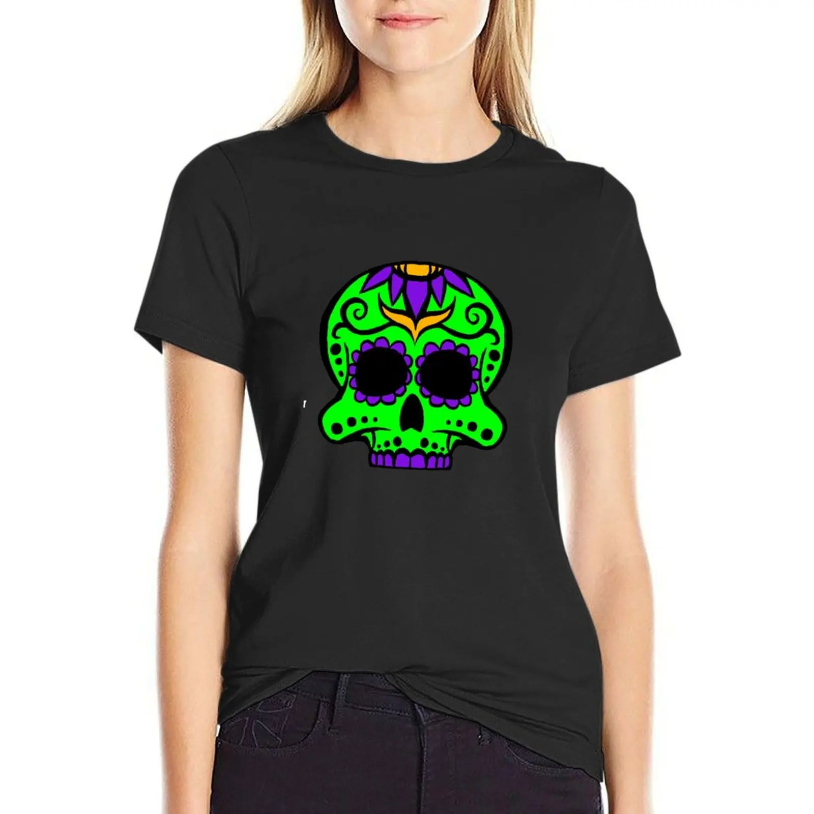 Camiseta del día de los muertos para mujer, ropa bonita de secado rápido, vestido sexy de talla grande, Calavera 3 verde y púrpura