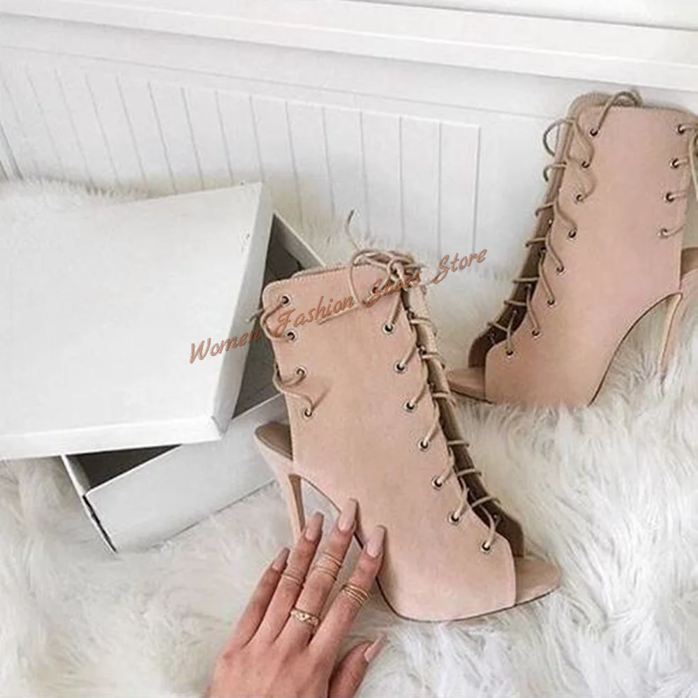 Pink Peep Toe Lace up Boots Mid Calf Stilettos High Heels Suede High Heel Shoes for Women Heels 2024 New Zapatos Para Mujere