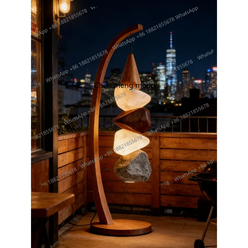 Medieval solid wood modern simple wrought iron stacked stone floor lamp living room light luxury, decoration