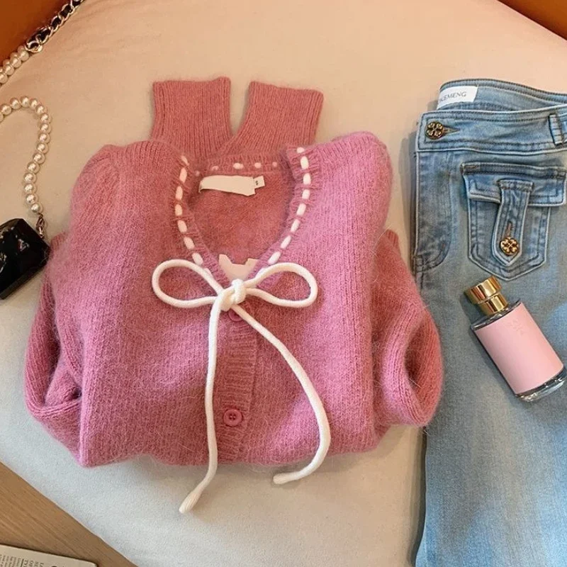

Весенне-осенний сладкий однотонный маленький ароматный стиль вязаный кардиган с v-образным вырезом повседневный корейский галстук-бабочка универсальный женский свитер топы