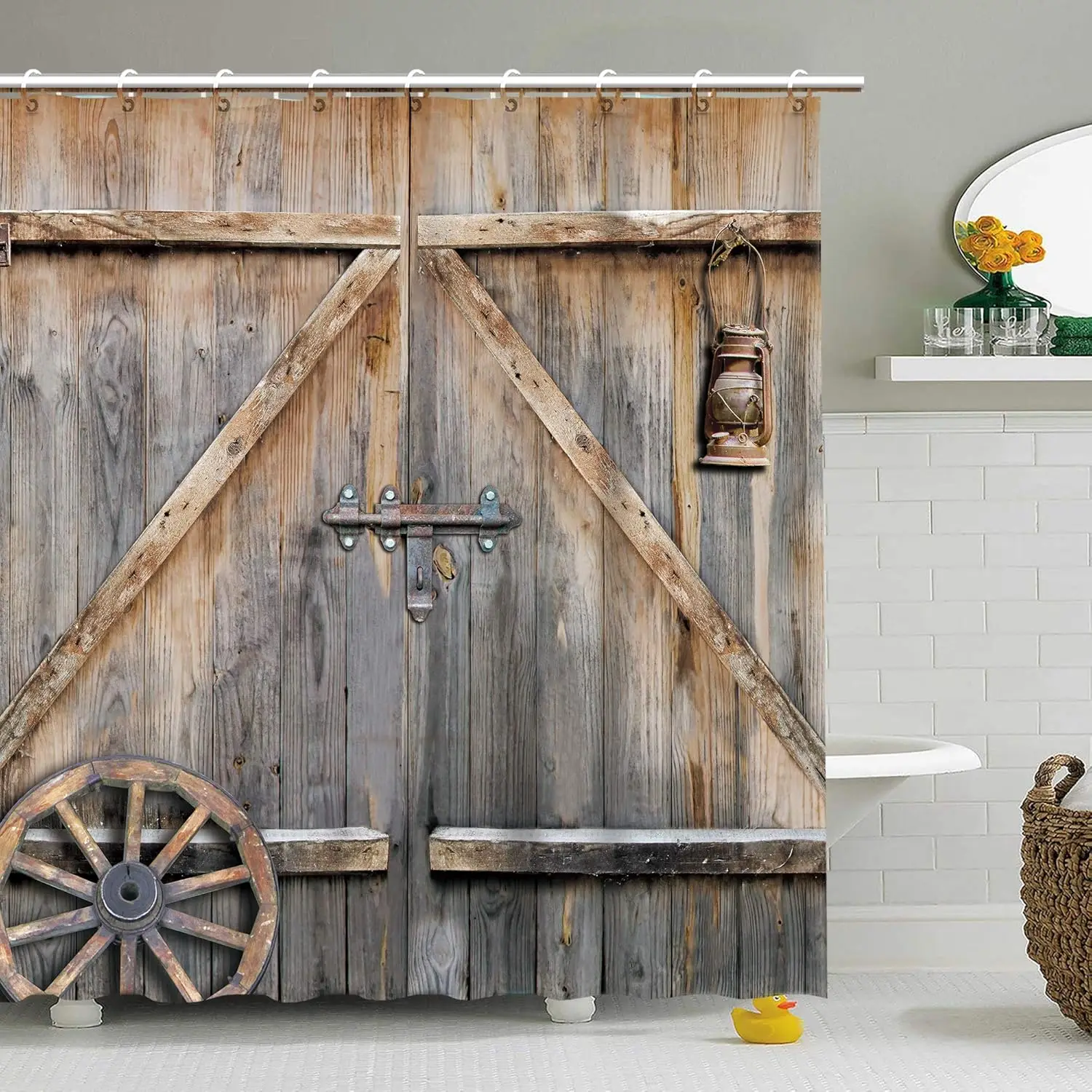 

Farmhouse Barn Door Shower Curtain - Rustic Wood Plank Design 71x71 Inch, Waterproof Country Bathroom Decor with Hooks