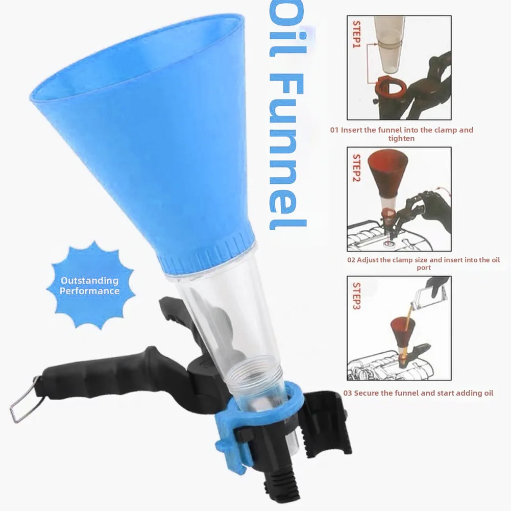 Oil Change Funnel for Cars with Fixed-Angle Clamp Base and Precision Filter Screen to Support Controlled Fluid Transfer