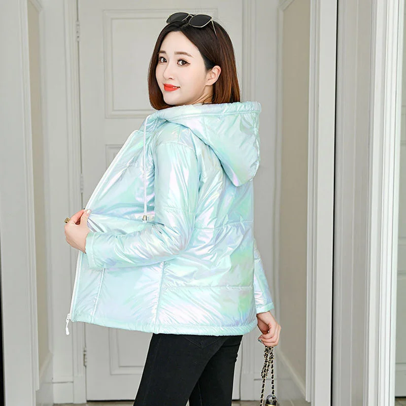 Rainbow Glossy 5XL Down Cotton Parkas Winter Jacket Women Hooded Zipper Pockets Female Waterproof Coat 2023 New