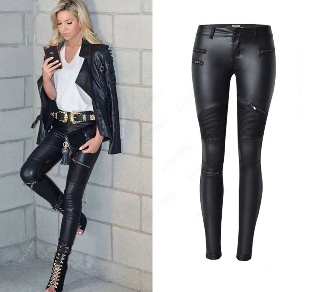 Winter Autumn PU Leather Coated Denim Pants for Women Sexy Tight Stretchy Rider Leggings Black Coffee Rock Punk Party Pants XXXL