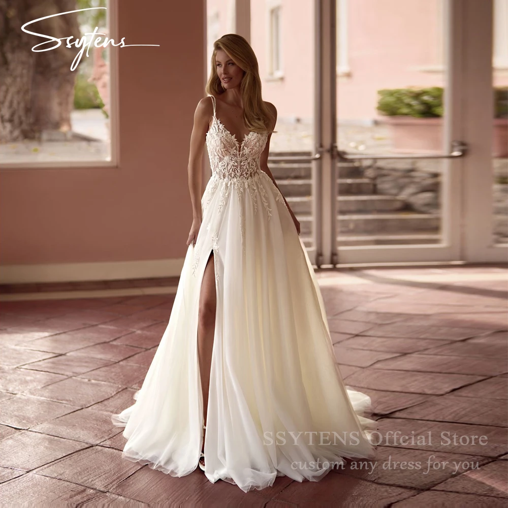 SSYTENS Boho A Line Wedding Dresses for Women Backless Bow Spaghetti Straps Bridal Gowns Robe De Mariée Personalized Customized