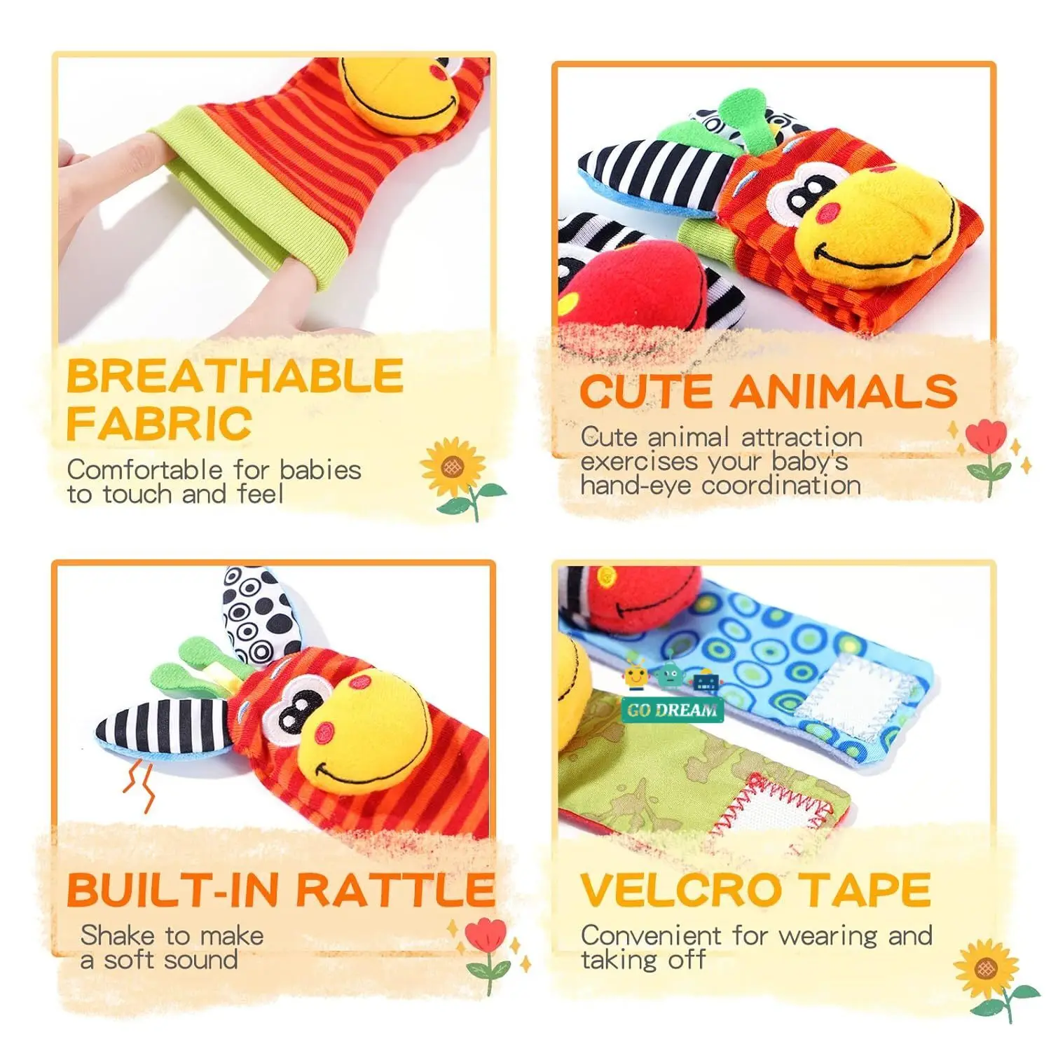 Jouets de hochet de poignet d'animaux en peluche mignons pour bébé, chaussettes de recherche de pied, 0-12 mois, cadeau nouveau-né garçon et fille, ensemble de 4 pièces