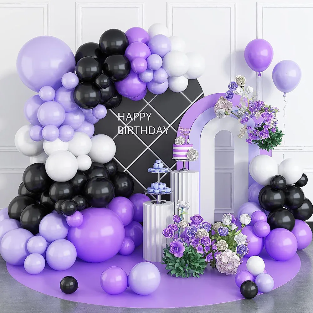 Purple Black White Balloon Arch Set, Latex Birthday Balloon Macaron Color 5 10 18inch Party Balloon Garland Set for Shower Decoration Wedding Graduation Office Party