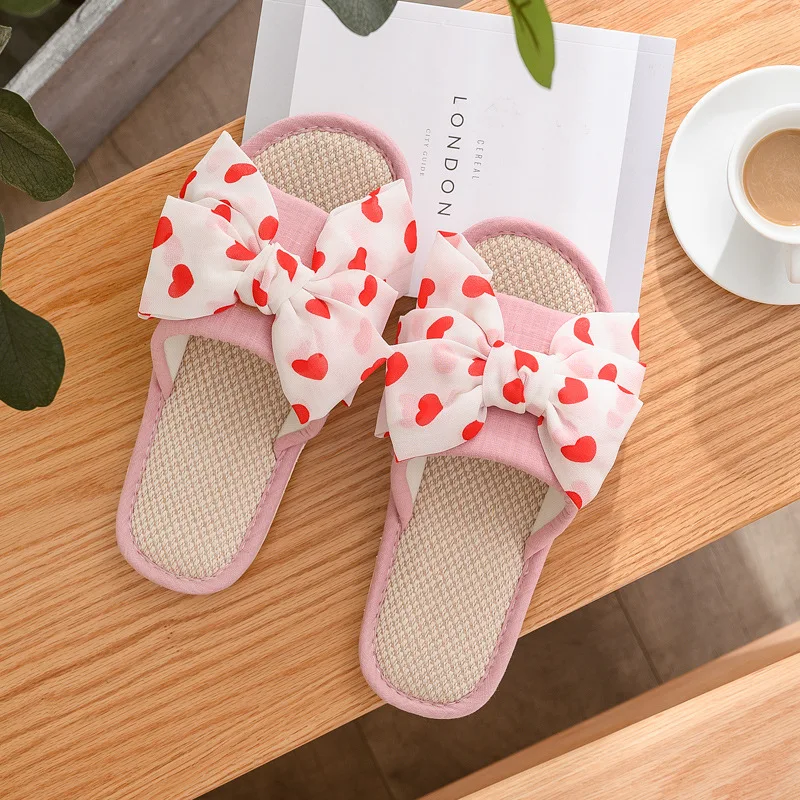 Home Linen Slippers Breathable Slippers Spring Summer Household Anti Slip Indoor Love Bowknot Slides Flat Soft Sole Women Shoes