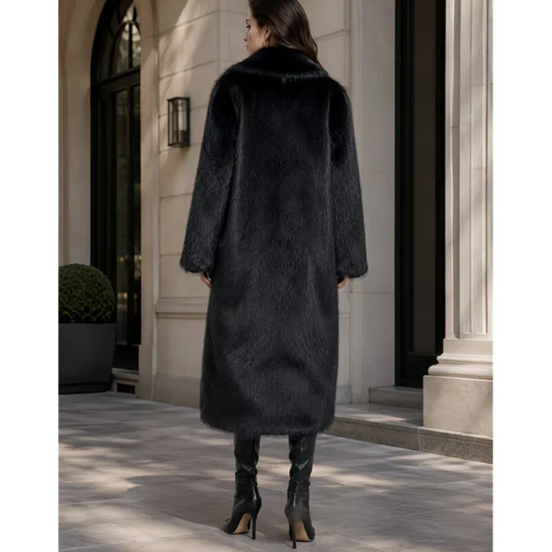 Faux Fox Fur Coat for Women,Covered Button Long Jacket,Turn-down Collar Outwear,Luxury,Autumn and Winter,2026