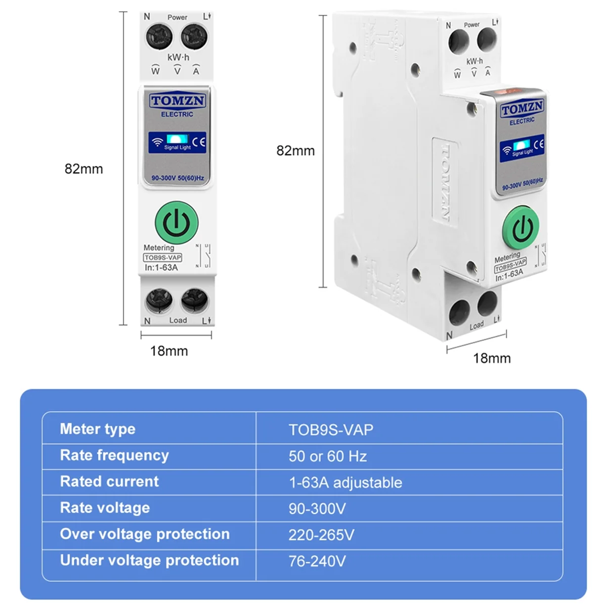 ABMO TOB9S-VAP TUYA 63A 1P + N WIFI Smart Switch Contatore di energia Kwh Misurazione Monitoraggio Interruttore Temporizzatore Relè MCB