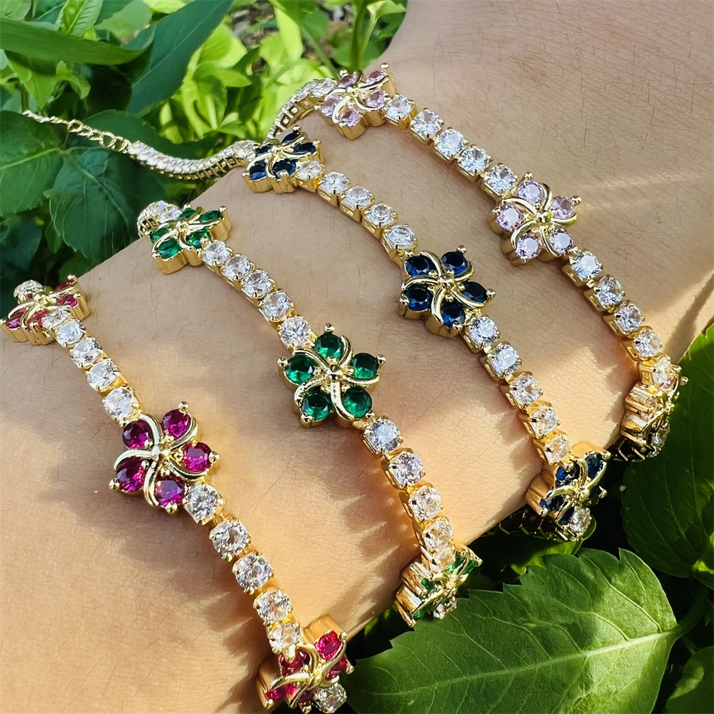 New INS Rainbow CZ Fiveleaf Flower Zircon Bracelet Ladies Zou Chrysanthemum Adjustable Versatile Full Zirconium Bracelet Jewelry