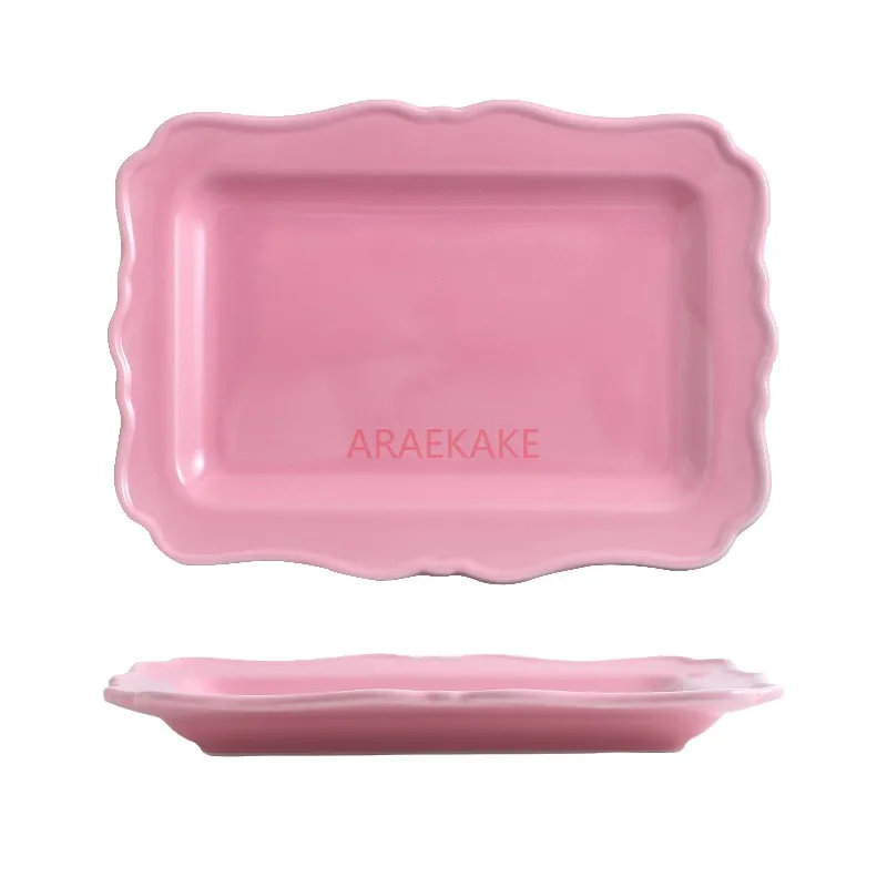 

Relief dessert plate, dining plate, retro wind flower edge plate, simple solid color ceramic tableware plate