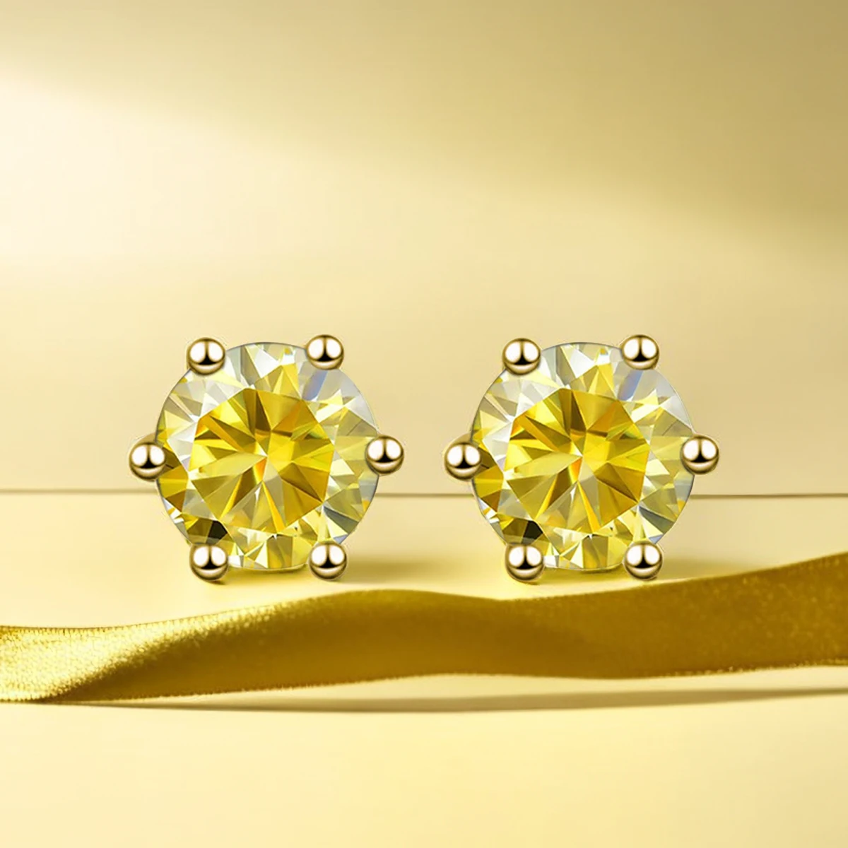 GRA 6.5mm/1ct Certified S925 sterling silver six-prong stud earrings Round Yellow Moissanite earrings for women fine jewelry