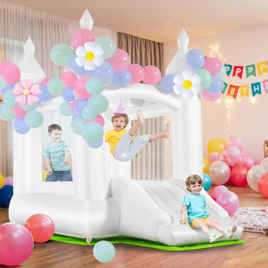 Casa inflable de rebote blanca para celebración, con soplador UL, portátil, Castillo hinchable 3 en 1 de color blanco sonroso para patio trasero interior y exterior
