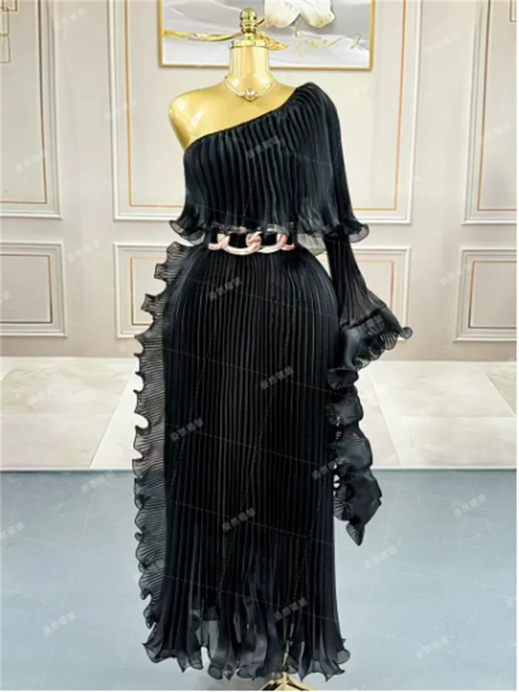 Miyake Fashion Design Dress Slanted Shoulder Solid Color Loose Women's Clothing Medium Length Elegant Dresses 2025 Summer New