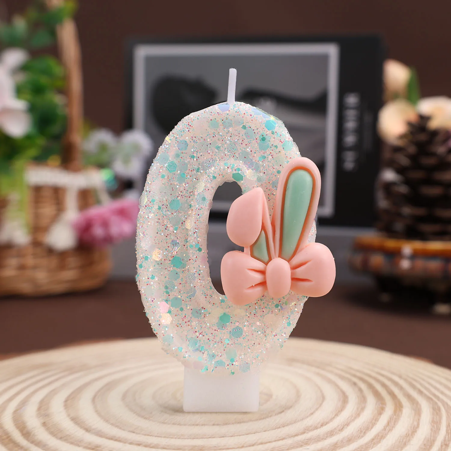 Transparent multicolored digital candles - Pink and green rabbit ear bow candles, holiday anniversary candles, party gifts