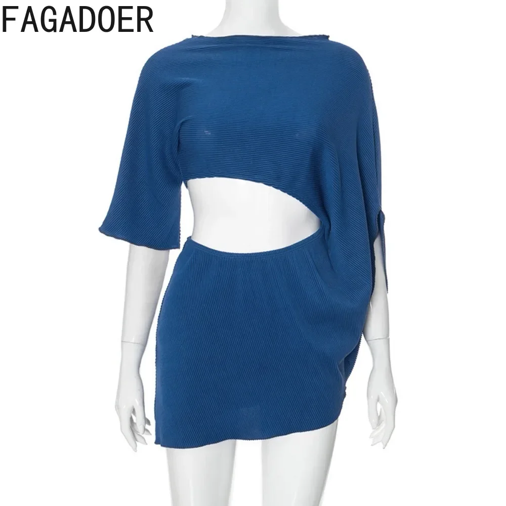 FAGADOER Blue Rib Hollow Sexy Mini Dress Women Irregular Ruched Bodycon One Piece Dress Female Party Club Birthday Vestidos New