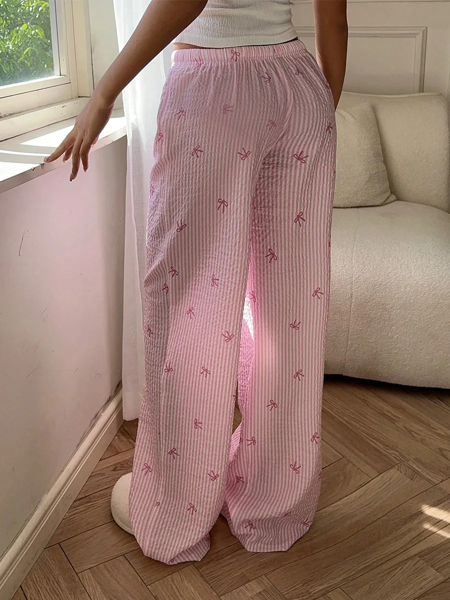 

Women's Pants 2025 Spring New Fashion Pink Striped Bow Print Mid Waist Casual Versatile Daily Home Long Pants for Women
