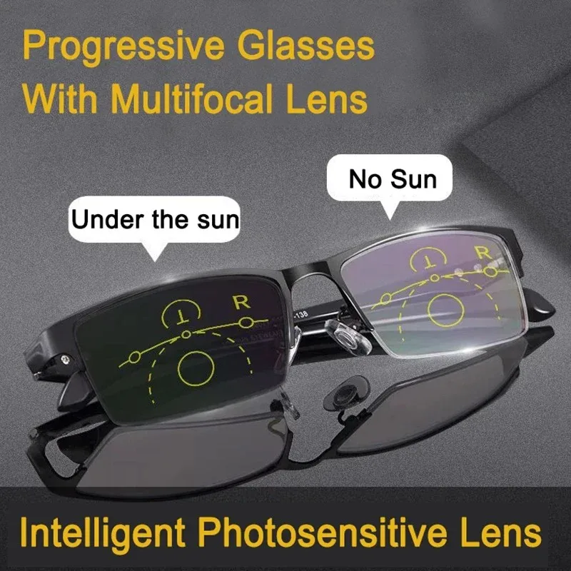Progressive Multifokal-Lesebrille für Herren, Halb-Photochromatisch, Anti-Blaulicht-Brille, Multifunktional für Nah- und Fernsicht