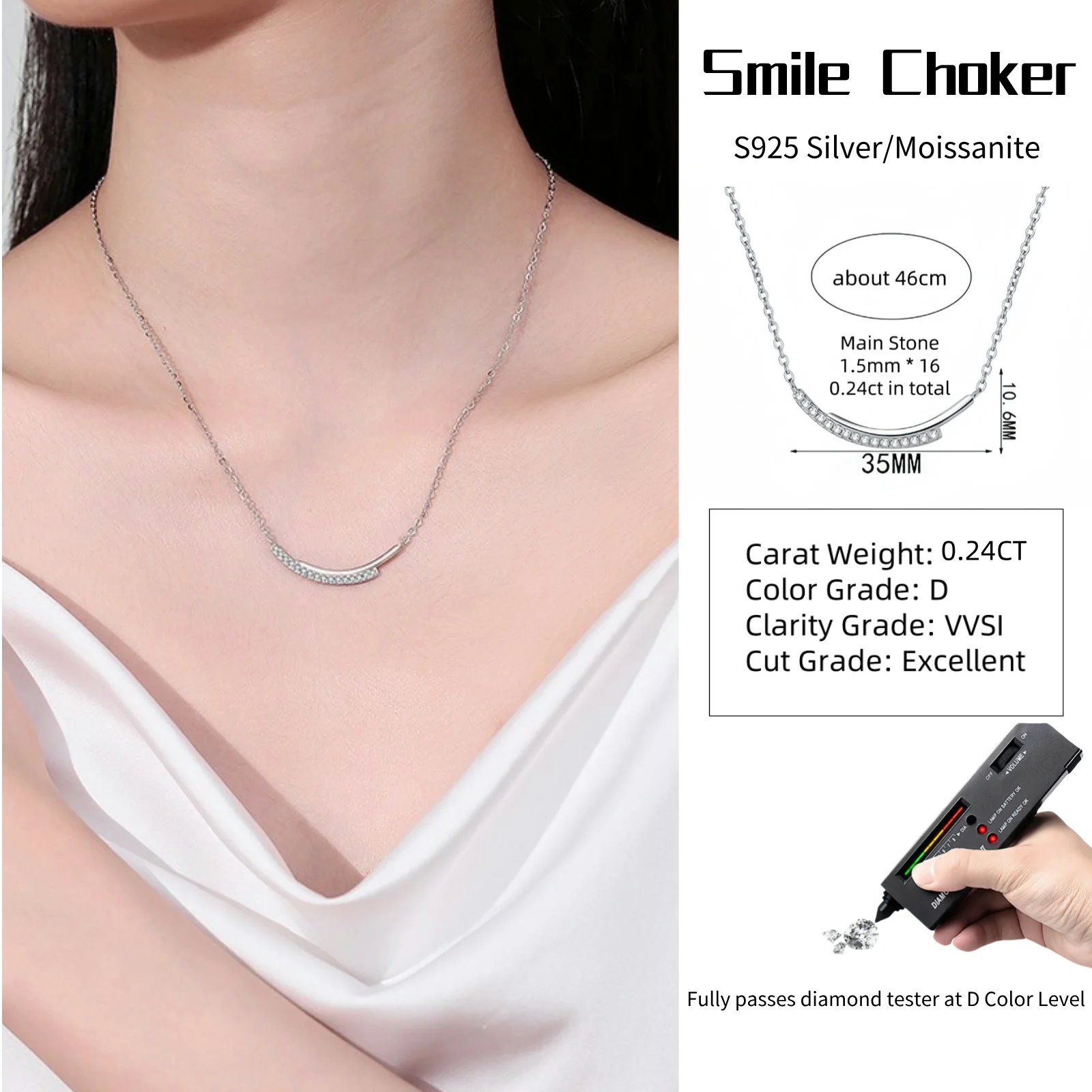 Elegant Smile Design Luxury Sparkle Chokers S925 Silver with Moissanite Diamond Ladies' Jewelry Women's Jewellery