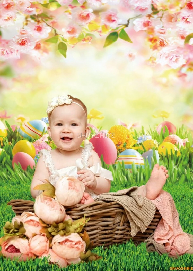 Фон с Пасхой для фотографии, весенняя зеленая трава, цветок, яйца, кролик, деревянная доска, детский фотофон для студии