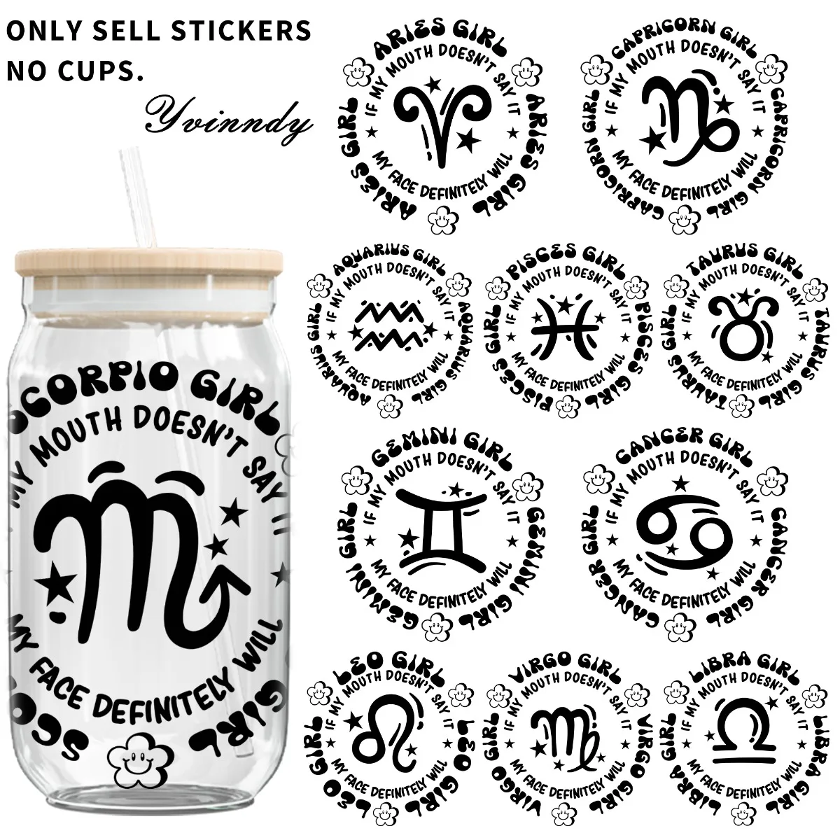 Papel de transferencia UV DTF de doce constelaciones de flores, 5 piezas, papel de transferencia resistente a los arañazos, adecuado para botellas y tazas de 16OZ