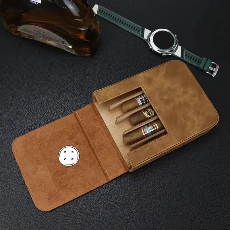 Portable PU Leather Cigar Case with Cedar Wood Lining Travel Cigar Humidor With Hygrometer 5 Slots Cigar Storage Holder