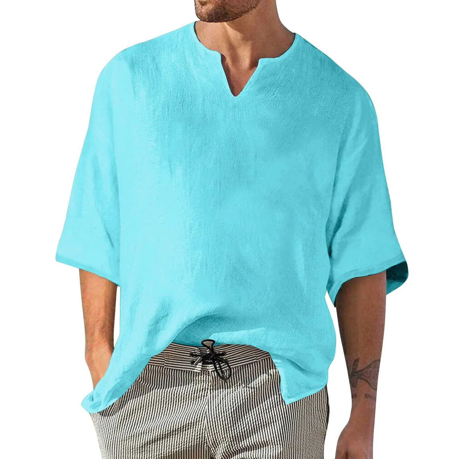 T-Shirts For Men 2024 Men'S Solid Color Pleated Quarter Sleeve Top Men Retro V-Neck Top Designer Clothes Men ملابس رجاليه 여름티셔츠