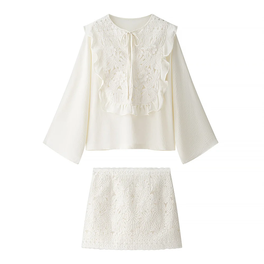 

Элегантная и тонкая новая женская одежда, стильная и модная кружевная лоскутная рубашка на шнуровке, комплект с короткой юбкой