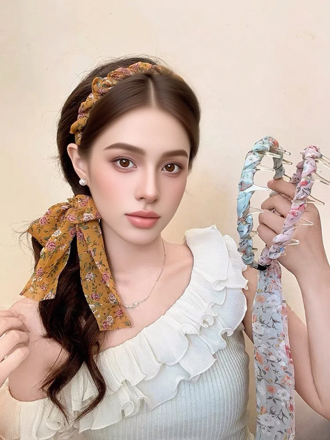 

Стильная широкая повязка на голову с цветочным принтом и лентой для женщин, весна-лето