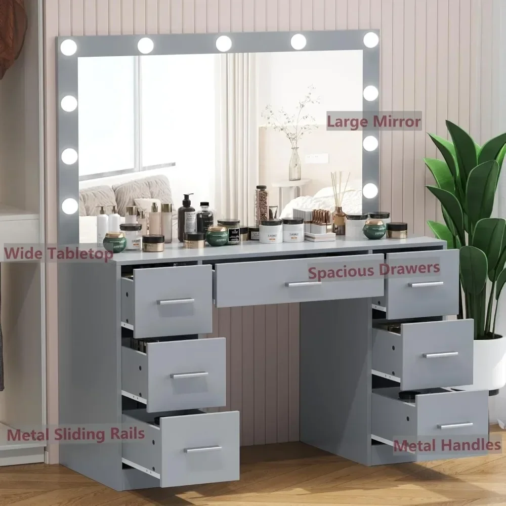 Vanity Desk, Lighted Mirror, 3 Color Lighting Modes, Dressing Table with Drawers, Bedroom Vanity Table Set for Women image 3