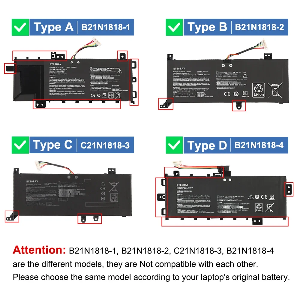 ETESBAY B21N1818-3 Laptop Battery For ASUS VivoBook 14 X509 X409 X545 Y5200F Y5200FB FL8700 FL8700F X409F X409FB Series Notebook
