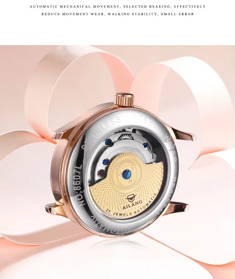 AILANG Fashion Iced Out Skeleton Automatic Mechanical Watch for Women Luminous Hands Elegant Ladies Watches White Leather Strap