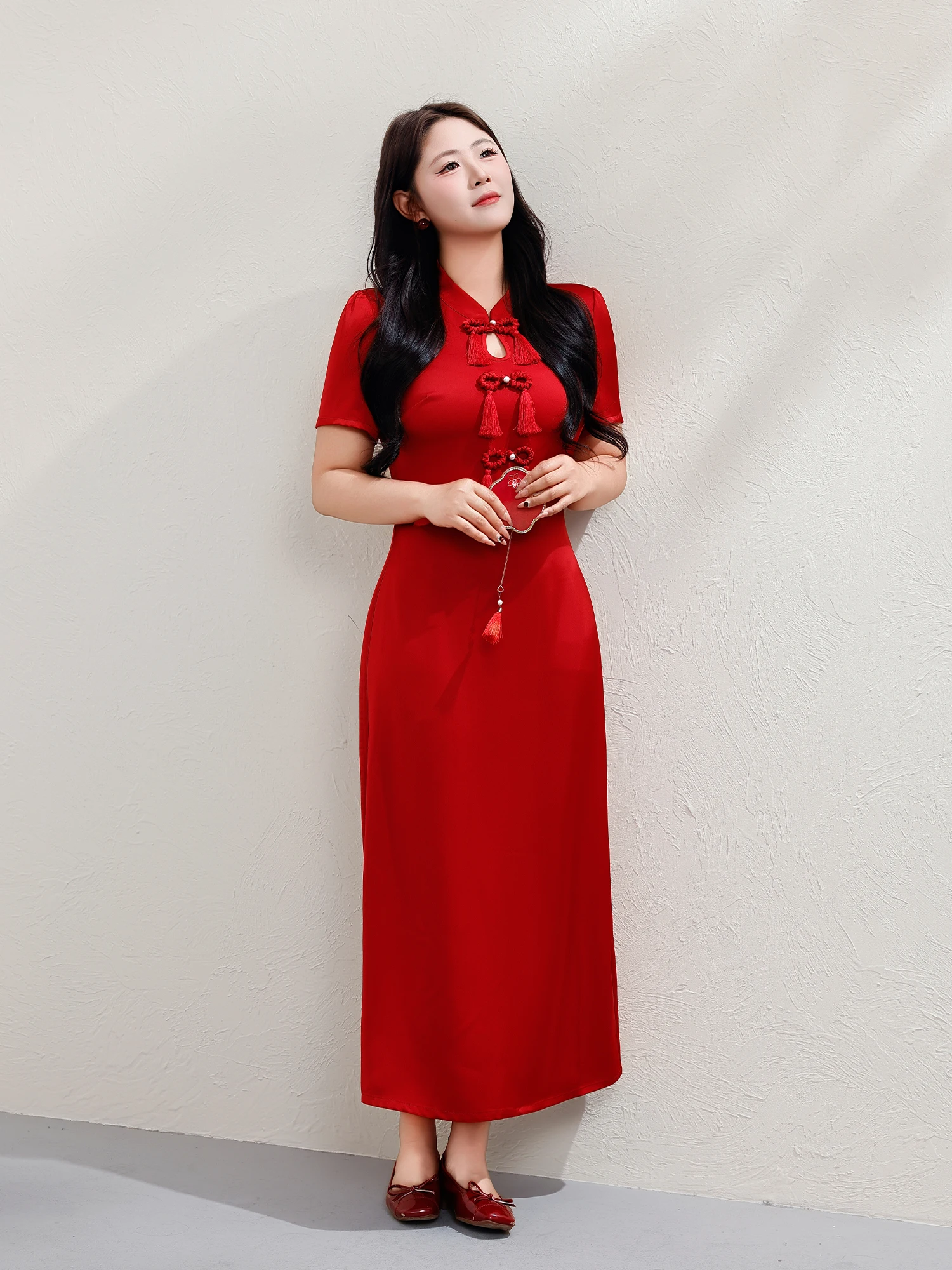 

Red Chinese Style Slimming Qipao Dress Summer High Waist Short Sleeve Zipper Closure Wedding Engagement Ceremony Dress