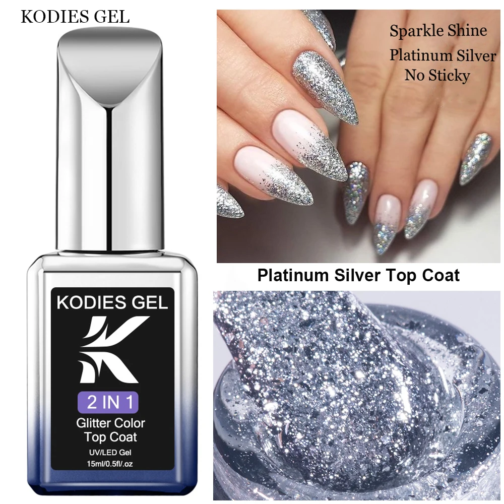 KODIES GEL Platinum Silver Glitter Top Coat Nails Gel Polish 15ML Semi Permanent UV Sparkle Shine Manicure Nail Salon Gel Finish