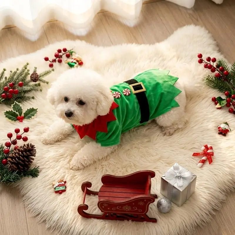 Ein T-Shirt für Hunde, ein weihnachtliches Elfen-T-Shirt mit Knöpfen, weihnachtliche Haustierkostümkleidung. – Detail 9
