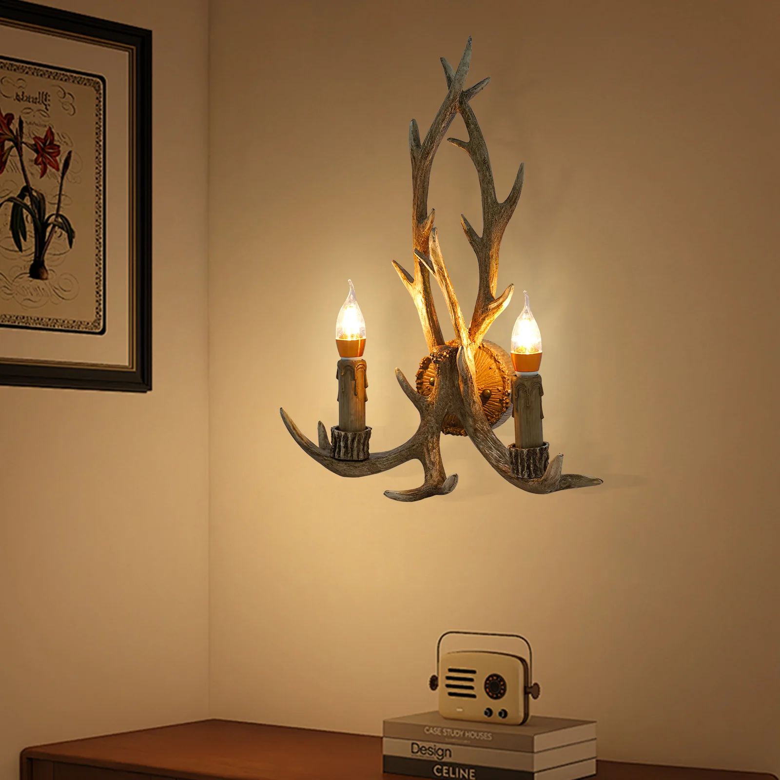 Antler Sconce Lighting,110V Retro Deer Horn LED Wall Light Nature Indoor Decoration Vintage Wall Lamp for Home Restauran Coffee