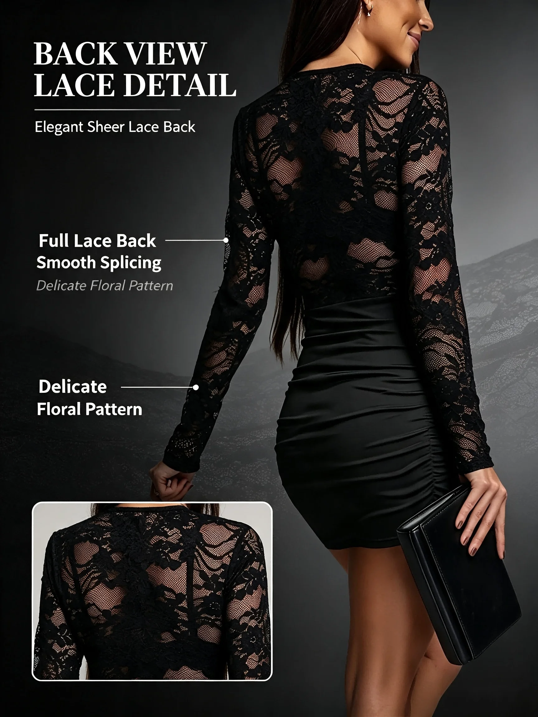 Figurbetontes Minikleid für Damen, Langarm, Blumenspitze, Transparente Einlage, Geraffte Taille, Schlankes Schwarzes Party-Clubkleid – Detail 3